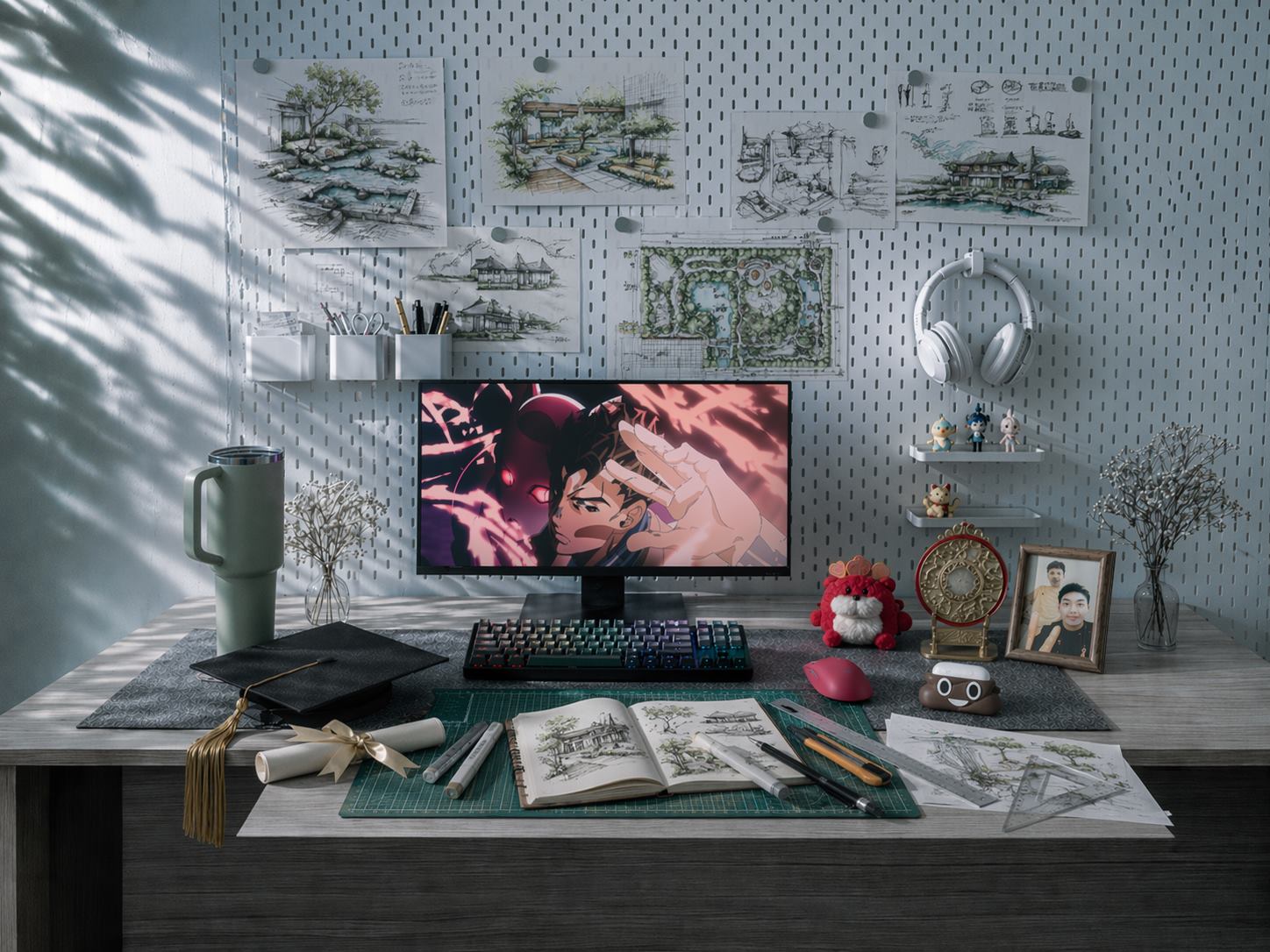 Carl's desk: sketches pinned on the wall, an open sketchbook, a monitor, headphones, a green mug — the training environment